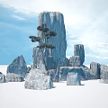 Unique Garden Ornament Featuring Rock Formation And Pine Tree In Water With Blue Sky