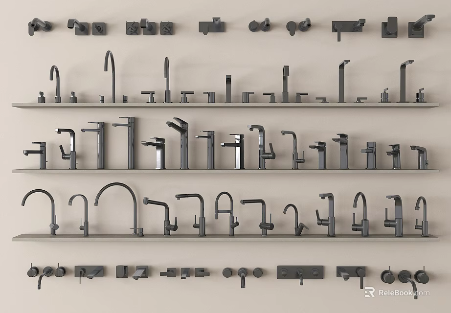 Stylish Faucet Collection On Display With Various Modern Designs And Styles 3d model 