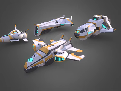 Detailed Futuristic Sci Fi Spaceship Models In White Yellow Blue With Illuminated Parts 3d model