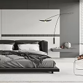 Modern Minimalist Bedroom Interior With Black Large Bed Floor Lamp Bookshelf And Green Plant