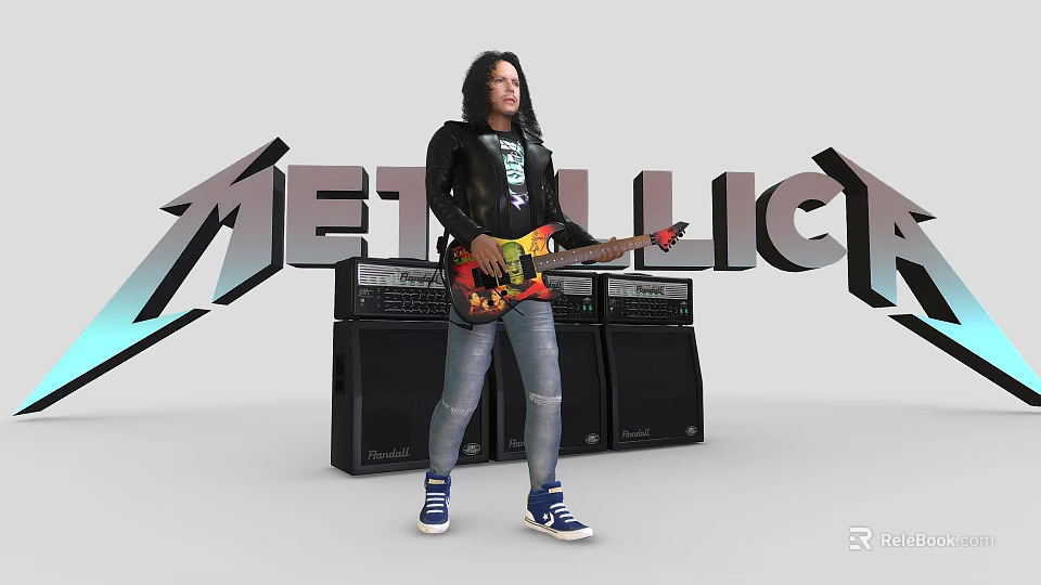 Man playing electric guitar in front of Metallica logo with amplifiers 3d model 