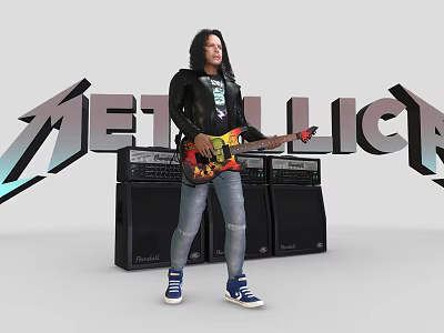 Man playing electric guitar in front of Metallica logo with amplifiers 3d model