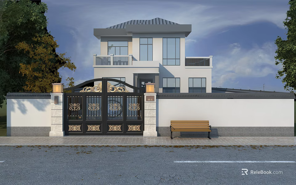 Modern Villa Black Iron Entrance Gate With Golden Decorations Lamps On Stone Pillars And Bench 3d model 