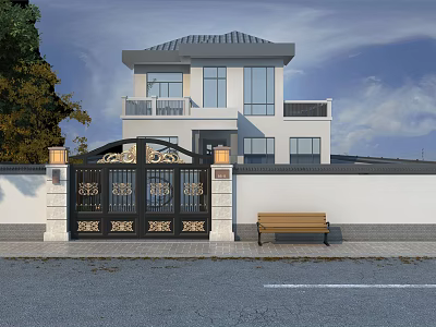 Modern Villa Black Iron Entrance Gate With Golden Decorations Lamps On Stone Pillars And Bench 3d model