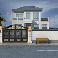 Modern Villa Black Iron Entrance Gate With Golden Decorations Lamps On Stone Pillars And Bench