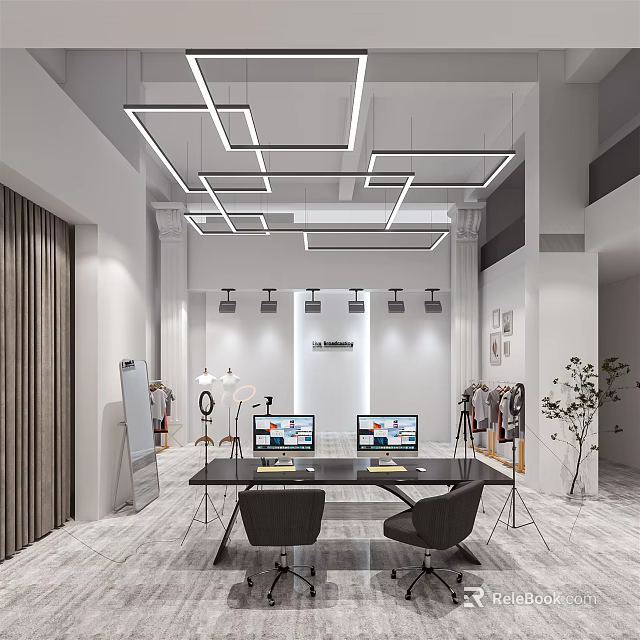 Modern Public Office Space Interior With Geometric Pendant Lights Long Desk Computers And Chairs 3d model 