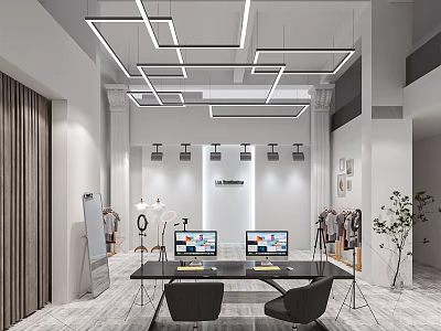 Modern Public Office Space Interior With Geometric Pendant Lights Long Desk Computers And Chairs 3d model