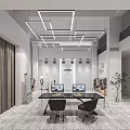 Modern Public Office Space Interior With Geometric Pendant Lights Long Desk Computers And Chairs