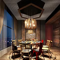 Warm Restaurant Interior Featuring Wooden Ceiling Hexagonal Decor Pendant Lights And Round Tables 3d model
