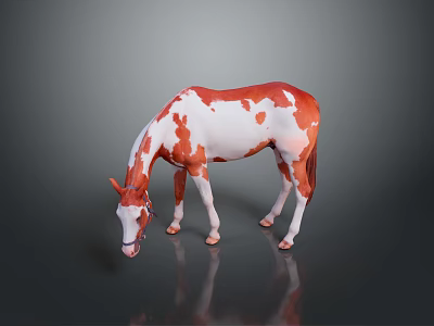Red and White Horse With Head Down Sniffing On Reflective Gray Ground 3d model