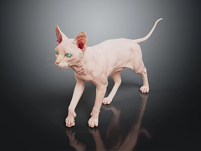 Hairless Cat with Pink Skin and Green Eyes Standing on Black Surface with Reflection 3d model