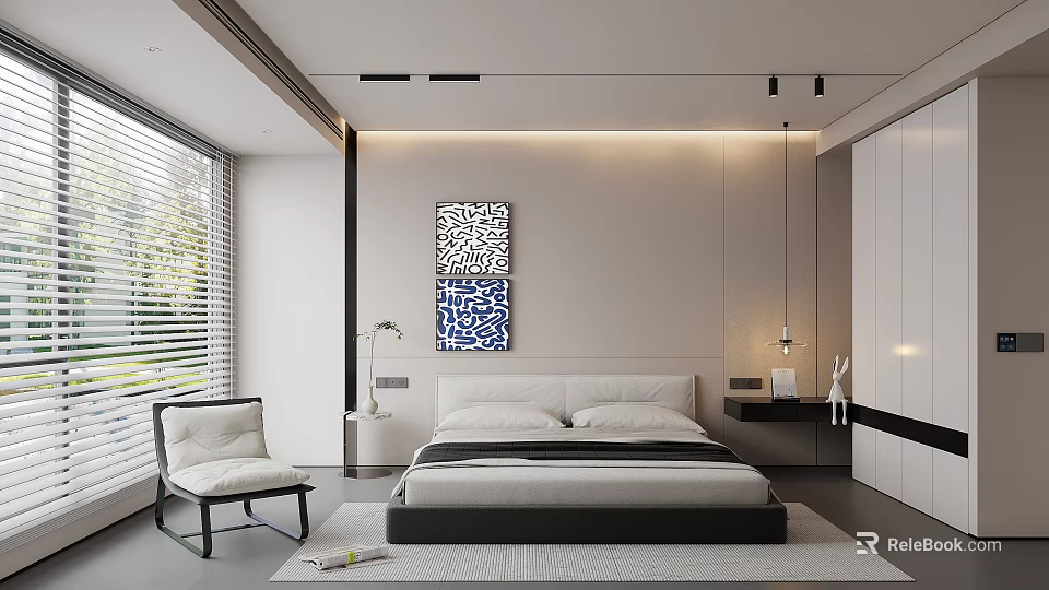 Modern Bedroom Interior Design With Platform Bed Geometric Artwork Window Blinds And Green Plant 3d model 