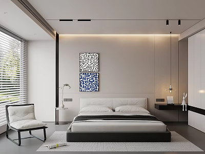 Modern Bedroom Interior Design With Platform Bed Geometric Artwork Window Blinds And Green Plant 3d model
