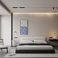 Modern Bedroom Interior Design With Platform Bed Geometric Artwork Window Blinds And Green Plant