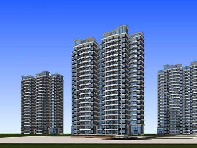 Modern High Rise Residential Buildings Exterior With Glass Curtain Walls And Blue Sky 3d model