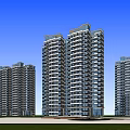 Modern High Rise Residential Buildings Exterior With Glass Curtain Walls And Blue Sky
