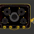 Gas Stove With Multiple Burners Yellow Knobs Black Yellow Body Green Bottles And Fire Extinguisher