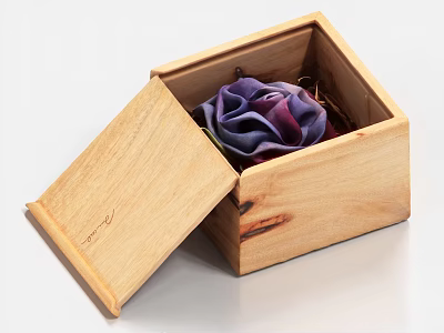 Open Rustic Wooden Box With Purple Rose Inside And Visible Wood Grain Details 3d model