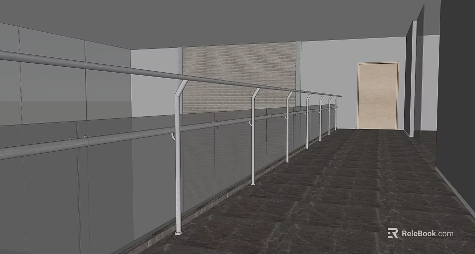 Modern Indoor Railing With Metal Posts And Glass Panels In Corridor 3d model 