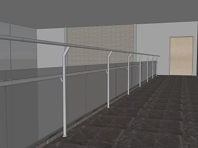 Modern Indoor Railing With Metal Posts And Glass Panels In Corridor 3d model
