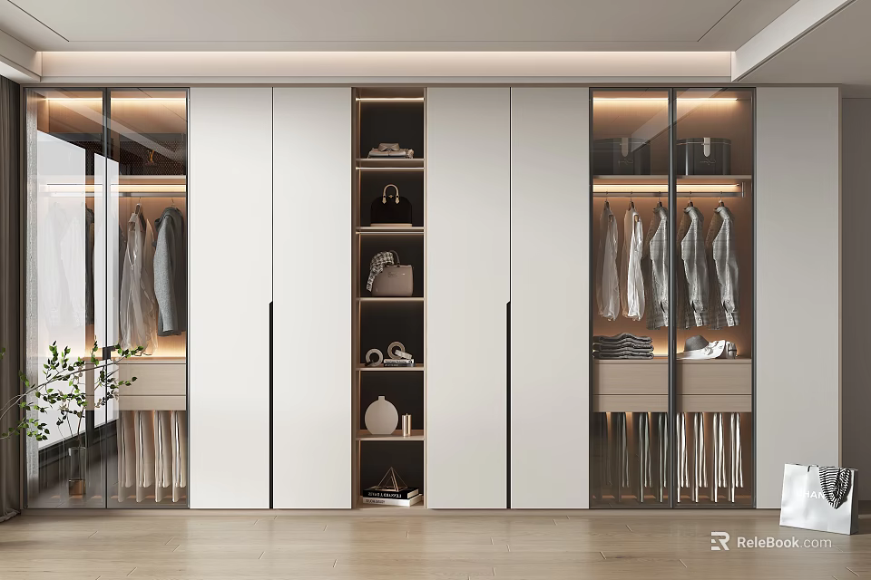 Modern Open Wardrobe Design With Glass Doors Hanging Rods And Storage Shelves 3d model 