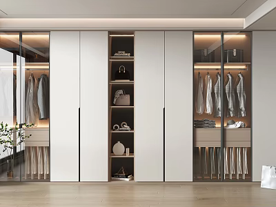 Modern Open Wardrobe Design With Glass Doors Hanging Rods And Storage Shelves 3d model