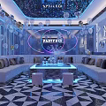 Modern Luxury KTV Party Interior With Sofa Coffee Table Lighting Balloon Decorations And Geometric Floor