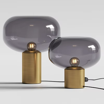Two Modern Table Lamps With Smoky Gray Glass Shades And Golden Metal Bases 3d model