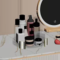Elegant Modern Perfume And Cosmetics On Marble Counter With Transparent Rotating Organizer Round Mirror