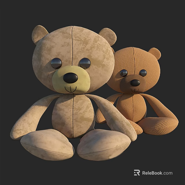 Two Adorable Soft Plush Teddy Bear Stuffed Dolls Sitting Together In Brown And Beige Colors 3d model 
