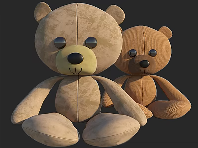 Two Adorable Soft Plush Teddy Bear Stuffed Dolls Sitting Together In Brown And Beige Colors 3d model