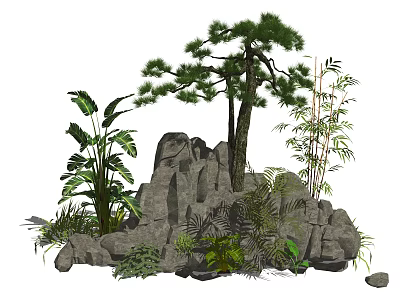 Decorative Garden Ornament with Rockery Pine Tree Bamboo and Green Plants 3d model