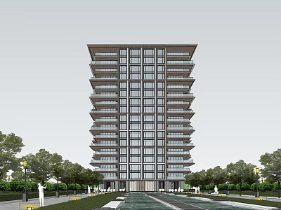 Modern High Rise Building With Multiple Floors Glass Windows And Trees Around 3d model