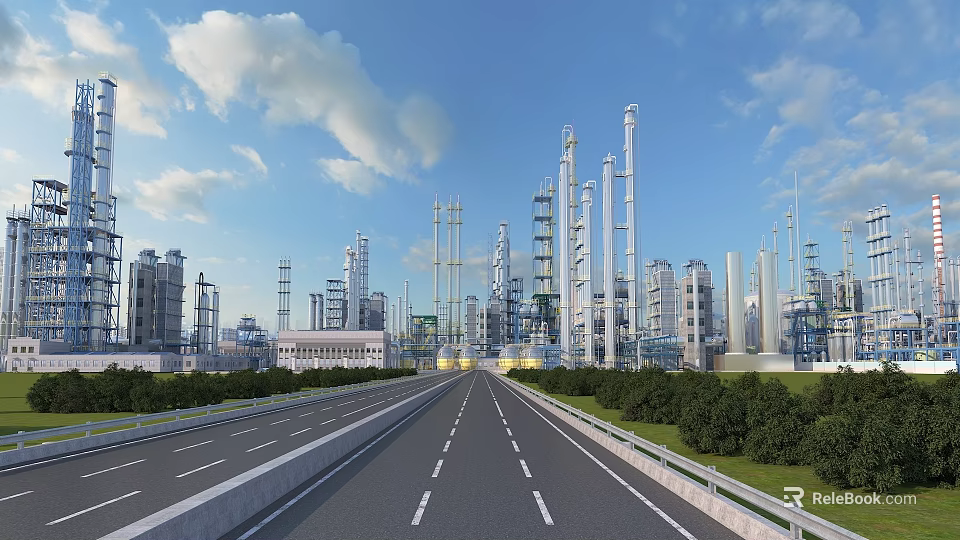 Modern Industrial Complex With Tall Chimneys Pipes Road And Greenery Under Blue Sky 3d model 