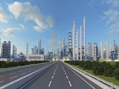 Modern Industrial Complex With Tall Chimneys Pipes Road And Greenery Under Blue Sky 3d model