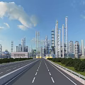 Modern Industrial Complex With Tall Chimneys Pipes Road And Greenery Under Blue Sky