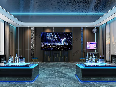 Modern KTV Lounge With Luxurious Interior Large Screen Bar Counter Blue Lighting And Wine Bottles 3d model