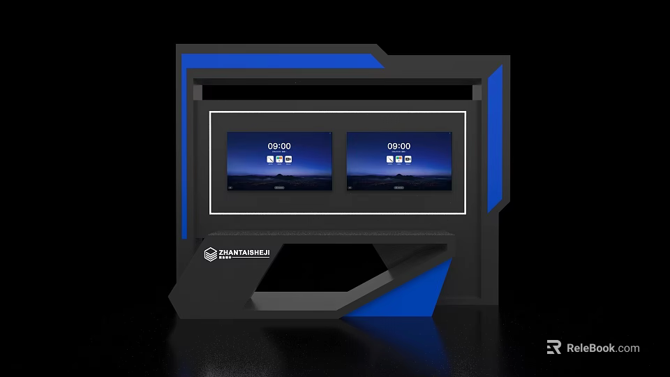 Modern Exhibition Island With Blue Black Geometric Design And Two Digital Screens 3d model 