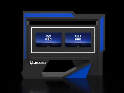 Modern Exhibition Island With Blue Black Geometric Design And Two Digital Screens 3d model