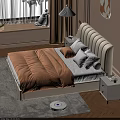 Upholstered Double Bed with Tufted Headboard Beige Comforter Pillows Nightstands Floor Lamp Round Wall Art