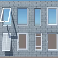 Various Window Types Installed On Gray Brick Wall For Home Exterior Design 3d model