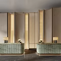 Elegant Modern Reception Desk Interior With Green Marble Counter And Wooden Panel Lighting