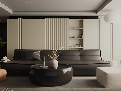 Modern Living Room Interior With Black Sofa Round Coffee Table Vase White Shelves Floor Lamp 3d model