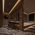 Modern Hotel Guest Room With Bed Vanity Mirror Ambient Lighting And Decorative Wall Art