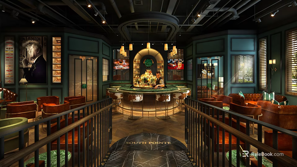 Elegant Bar Interior With Round Counter Chandeliers Green Walls And Seating Area 3d model 