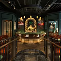 Elegant Bar Interior With Round Counter Chandeliers Green Walls And Seating Area
