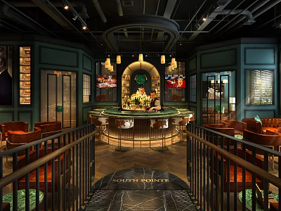 Elegant Bar Interior With Round Counter Chandeliers Green Walls And Seating Area 3d model