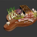 Cured Meat with Green Onions Red Onion Garlic Pickles Olives and Salt on Wooden Board