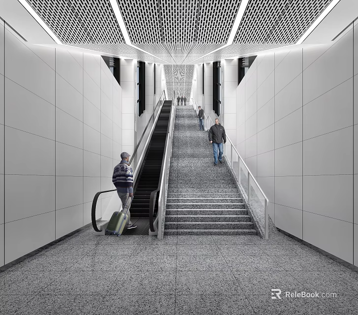 Modern Escalator Hallway With Staircase People Walking White Walls And Gray Flooring 3d model 