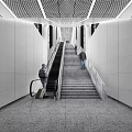 Modern Escalator Hallway With Staircase People Walking White Walls And Gray Flooring